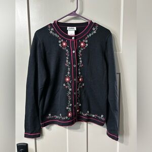 Northern Reflections Black Cardigan with Red Floral Embroidery Vintage 💯 Cotton